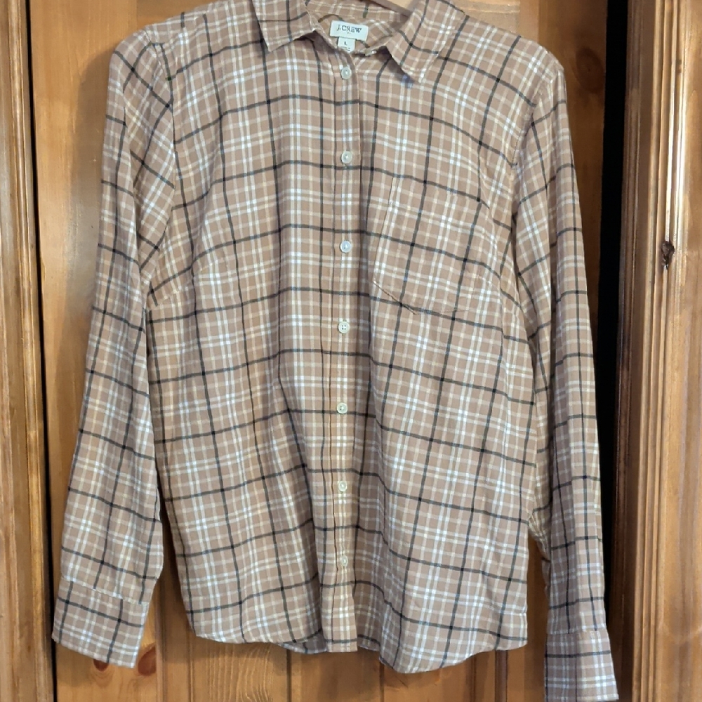 J. Crew Tan and White Plaid Shirt